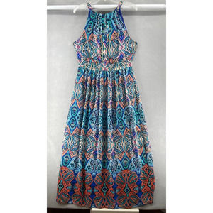 Eliza J Dress Womens Sz 14 Maxi Multicolor Print Sleeveless Halter Neck Lined
